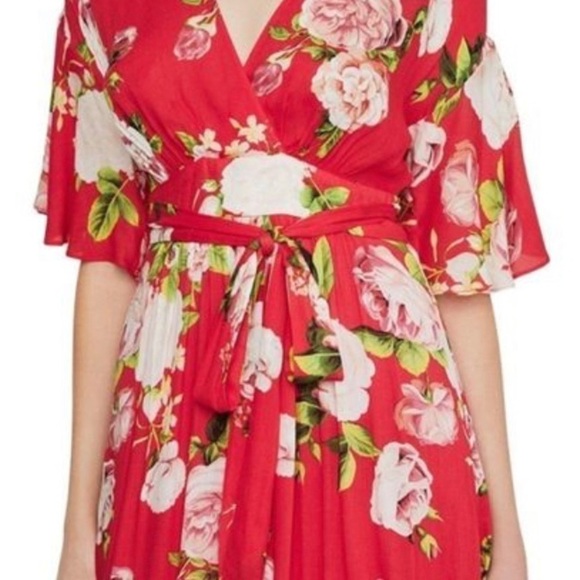 BCBG Red Floral Short Sleeve Flutter Sleeve Wrap Maxi Dress - Size M - Picture 3 of 6